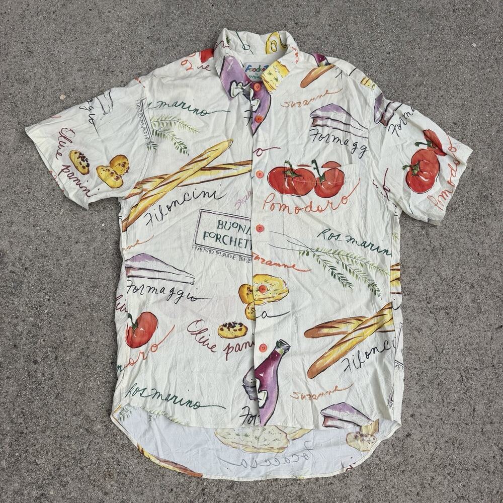 Vintage Jams World Food Art Focaccia Rayon Hawaiian Shirt Small Men